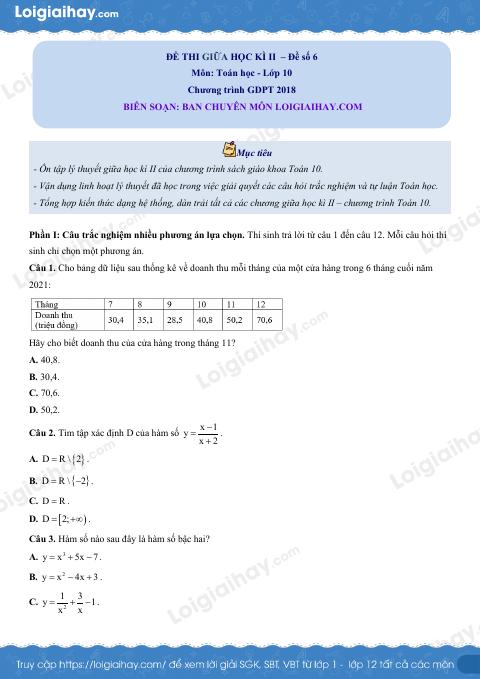 Đề thi giữa kì 2 Toán 10 - Đề số 6